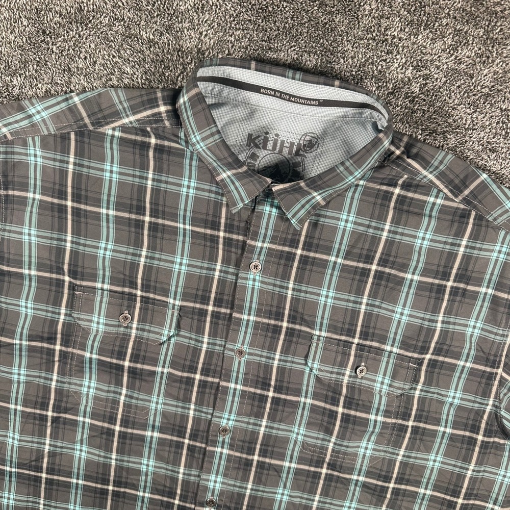 KUHL Shirt Mens XXL Eluxur Grey Turquoise Plaid Button Down Short Sleeve Hiking